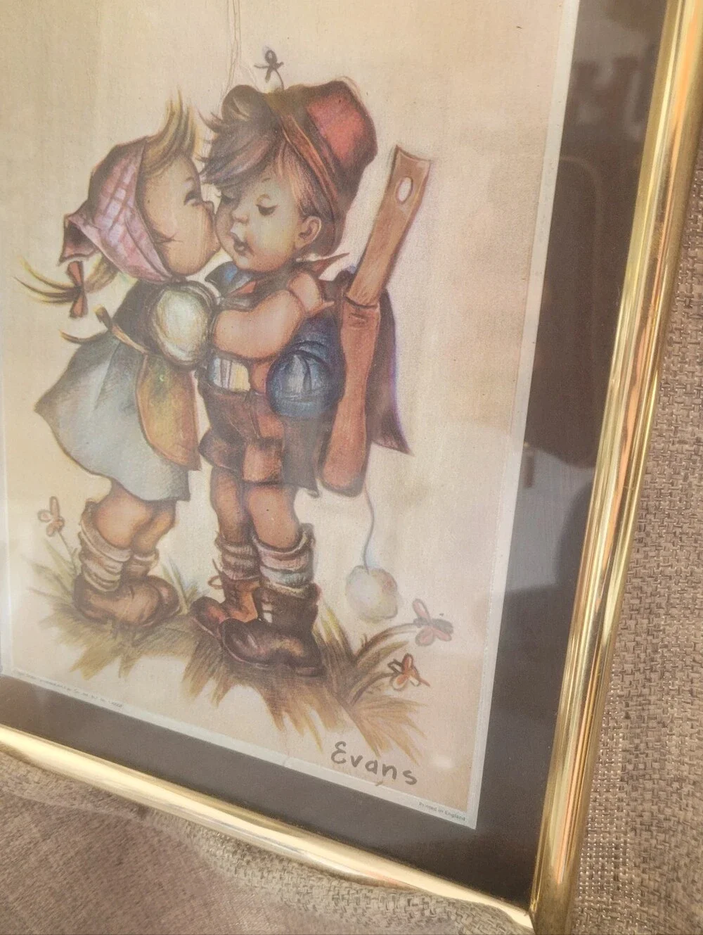 Hummel Lithograph PrintEvans Framed FIRST KISS in Gold and Black